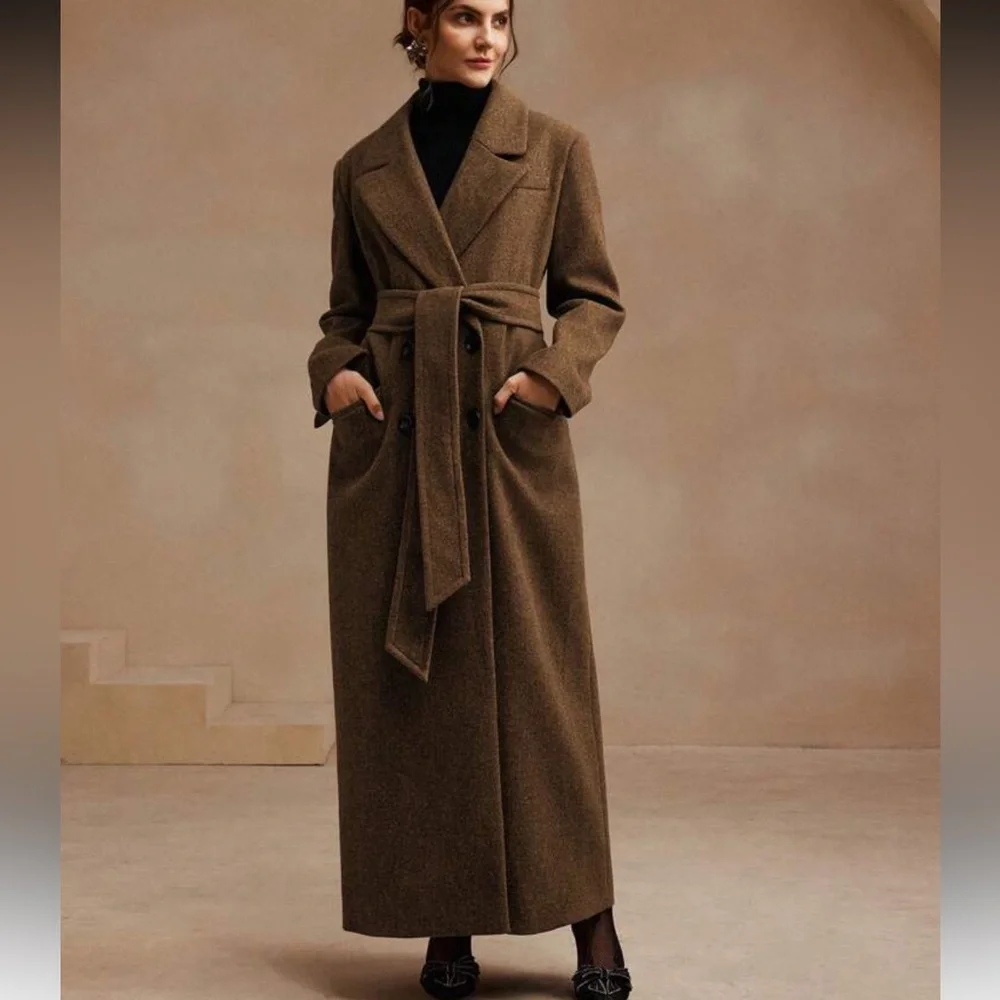 Luxury Long Pea Coat Belted Jacket dark Brown - Picture 4 of 13